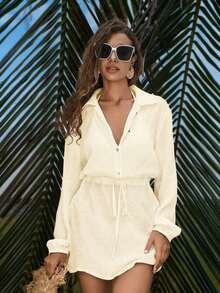 Swim Vcay Beach Vacation Women's Elegant Casual Pullover Shirt With Buttons, Tie-Bow Sleeve Cover Up, Minimalist Short Versatile Beach Dress Summer - 杏色 - 查看 6