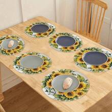 4/6pcs Sunflower Round Placemats Set - Durable Polyester Linen Material Easy To Clean, Suitable For Restaurant, Kitchen Decor, Holiday Party Decor, 38cm, Great Gift For Friends - Multicolor - View 6