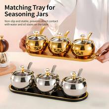 奢华金银双色不锈钢调味罐 | 含水晶旋钮盖和勺子 | 厨房调料罐套装 - 彩色 - 查看 7