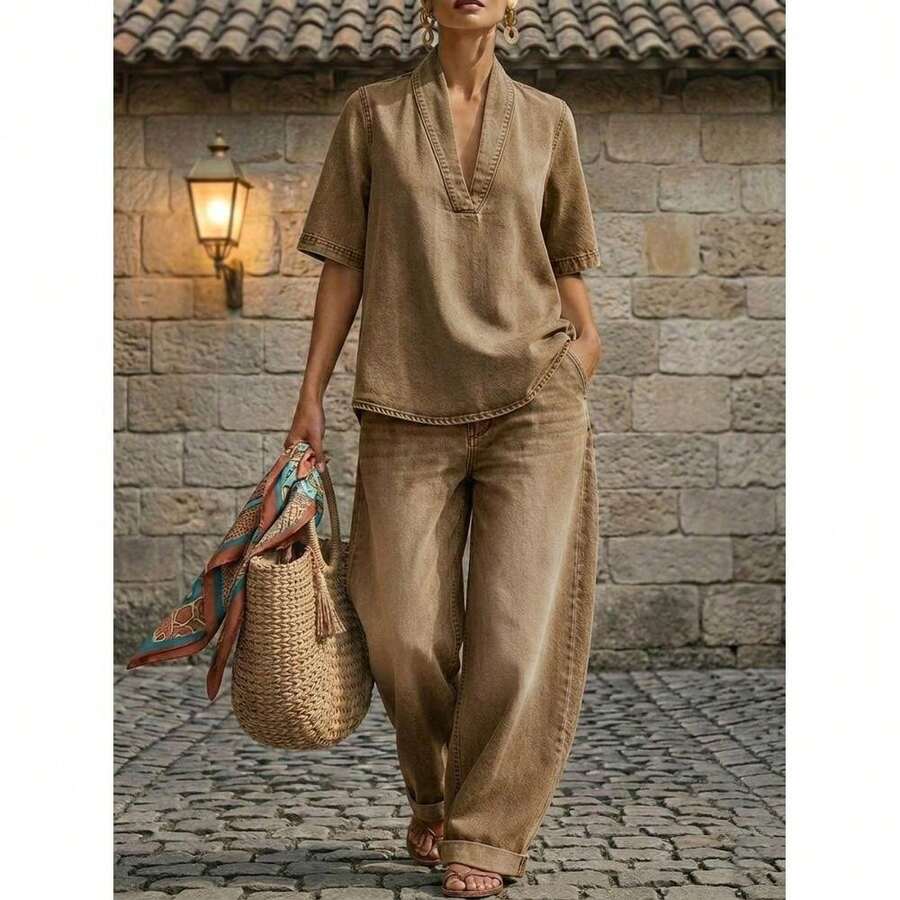 2026 European And American Summer New Women's Loose Casual Solid Color Comfortable Minimalist Denim Two-Piece Set,Trajes Elegantes De Mujer,Conjunto De Dos Piezas Mujer - 卡其色 - 查看 1