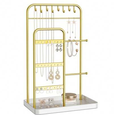 Jewelry Holder Stand: Jewelry Display For Necklace Bracelet Earring Ring White And Gold