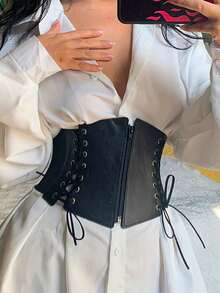 女士弹力腰带一条，简约百搭，可搭配衬衫和连衣裙，可调节腰带，显瘦效果，四季皆宜。 - 黑色 - 查看 3