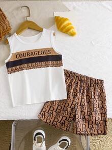 小男孩字母印花背心套裝，老錢風，品牌英文印花拼色上衣 + 字母滿版印花短褲，透氣兒童服飾，熱銷男孩夏季套裝 - 白色 - 查看 8