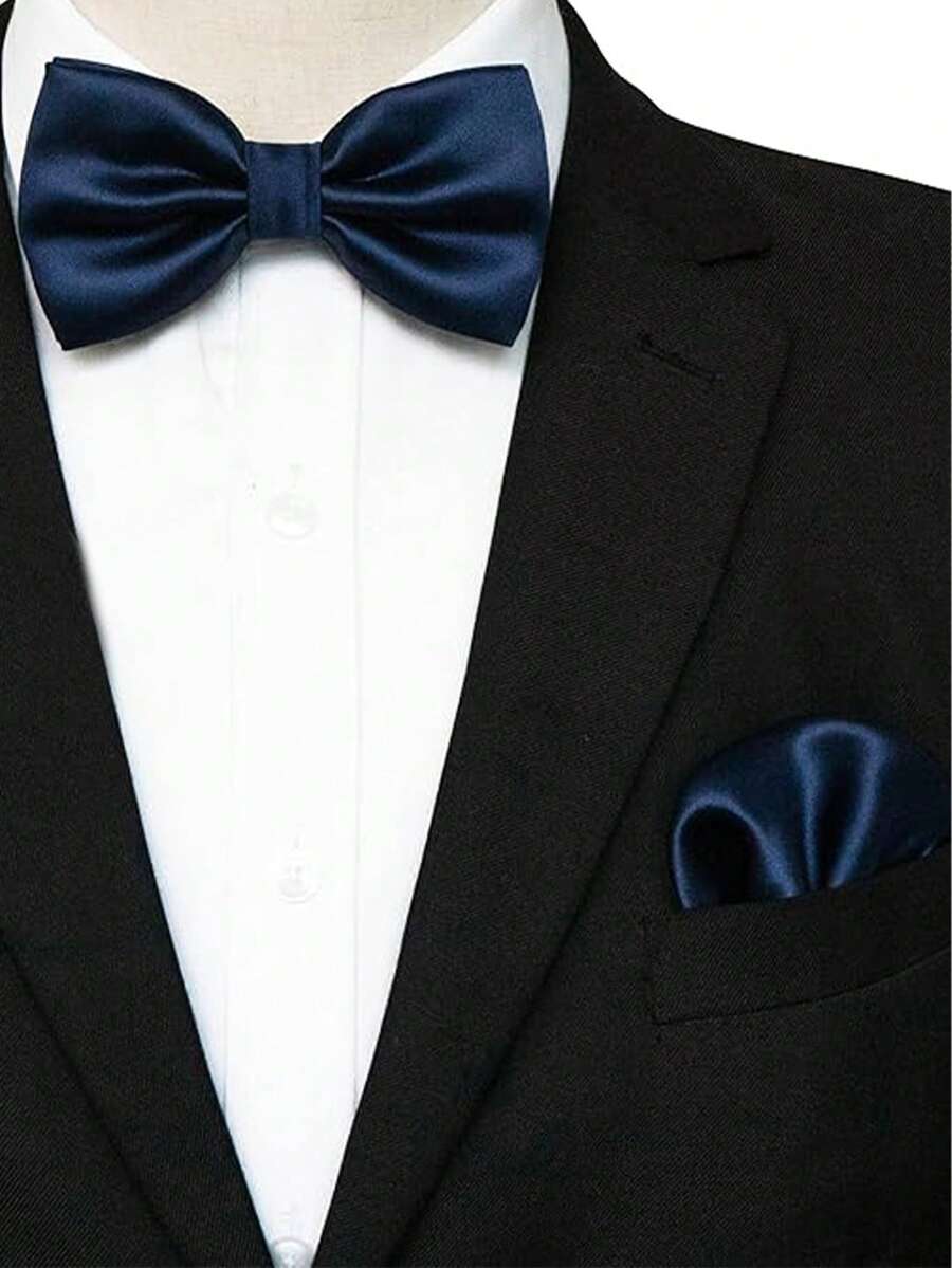 男士纯色商务领结及口袋巾套装,新郎婚礼派对领结及手帕两件套,男士礼物(口袋巾 22x22cm),配饰,节日,礼物,毕业礼物,配饰 - 藏蓝色 - 查看 1