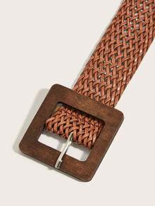 1pc Beige Women's PP Straw Woven Tie Waist Belt, Round Wooden Buckle Handmade Braided Waist Rope, Bohemian Western Style Millennium Hippie Casual Waist Decoration - Burnt Orange - View 4