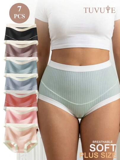 7pcs Plus Size High Waist Ribbed Panties Set, Breathable Soft Comfort Cotton Briefs & Intimate Underwear For Women-TUVUYE