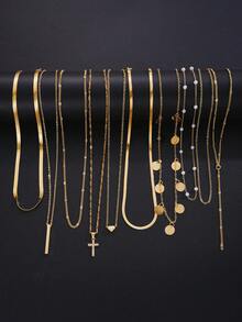 10件套时尚简约优雅水晶十字架和心形仿珍珠金色项链套装，适合女性在假期、派对、宴会、节日、生日、日常佩戴。 - 金黃色 - 查看 2