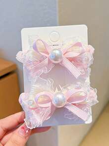 2 piezas Clips para el cabello con lazo y perla lindos para niñas, uso versátil diario, accesorios escolares, regalo para amigos - Multicolor - Ver 7