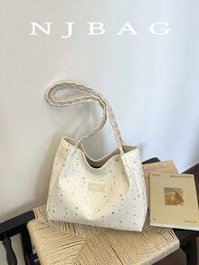 Minimalist Star Pattern Tote Bag, Casual School Style Shoulder Bag With Woven Strap, Random Scarf Color/Pattern - Beige - View 2