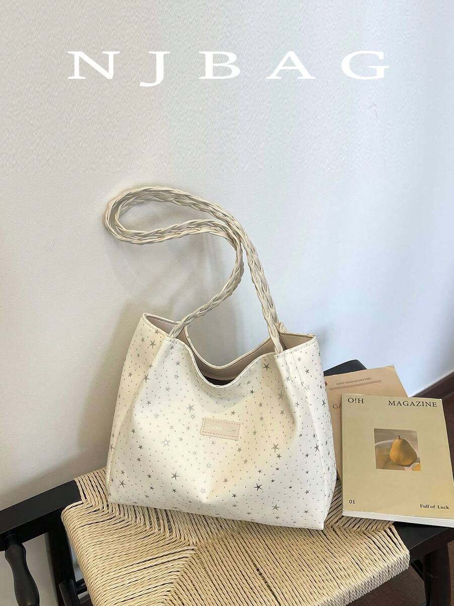 Minimalist Star Pattern Tote Bag, Casual School Style Shoulder Bag With Woven Strap, Random Scarf Color/Pattern