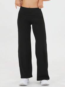 Women's Spring And Summer High Waisted Sports And Leisure Yoga Outdoor Wide Leg Pants, High Waisted Design, Loose Hanging, Daily Slimming, Versatile Solid Color, Suitable For Outdoor Sports, Fitness Yoga, Commuting, And Street Wear - 黑色 - 查看 5