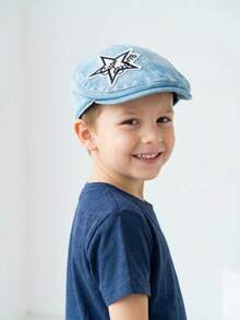 1pc Toddler Boys' Blue Embroidered Star Beret Hat, All Season Versatile Washed Distressed Baseball Cap - 1PC - View 7