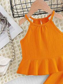 Young Girl' Summer Sleeveless Ruffled Hem Solid Color Casual Jumpsuit - Orange - View 3