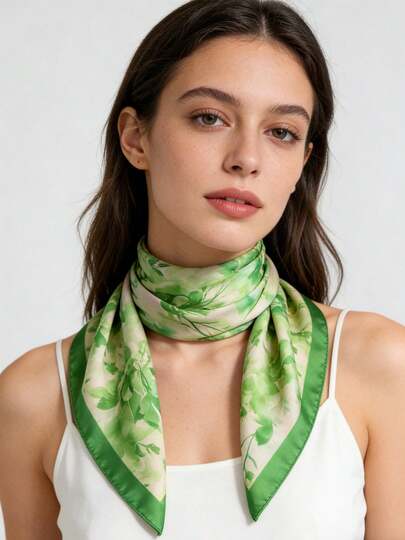 1条绿色水彩叶子印花方巾，四季皆宜，适合日常出行、旅行、婚礼派对等场合，男女通用，可作头巾、发带、头巾，户外防晒配饰，为您的风格增添亮点。
