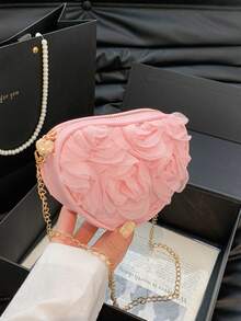 Pink Heart Rose Crossbody Bag, Girly Mesh Flower Bag, Mini Chain Shoulder Bag - Pink - View 10