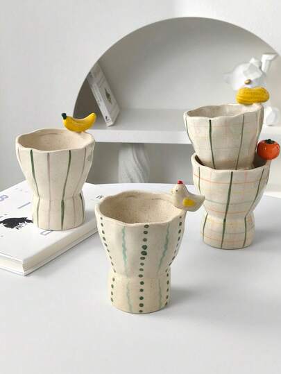 Cabin Kangaroo 1pc Handmade Ceramic Cup, 3D Banana Chicken Corn Persimmon Decor, Irregular Striped Plaid Pattern, Vintage Coffee Mug, Cute Aesthetic Water Cup For Women, Gift & Daily Use