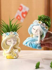 1 Set Creative Girl Sleeping Pose Figurine, Adds Fairy Tale Atmosphere To The Garden - Suitable For Planting Succulents And Storing Tools In Resin. - Multicolor - View 3