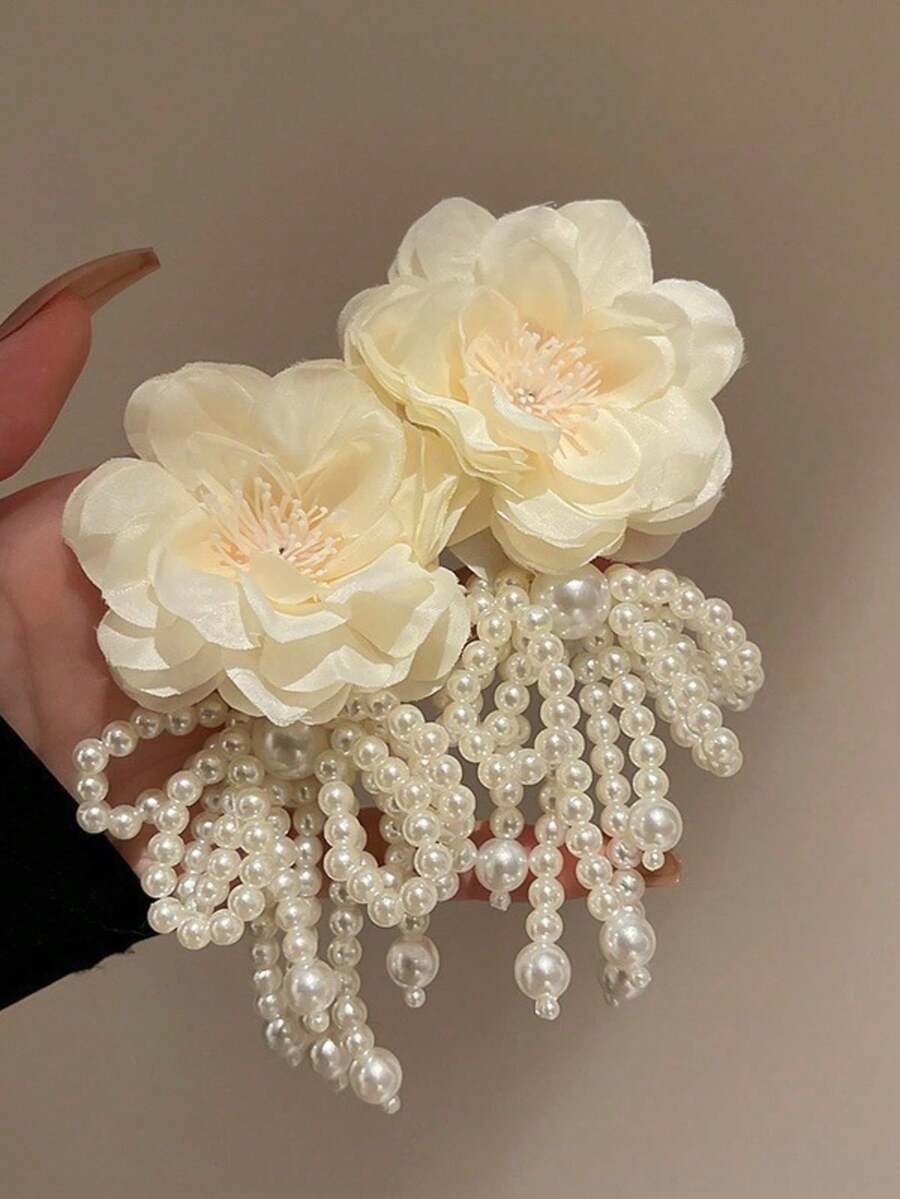 Fashionable & Elegant Exaggerated Floral Bow Pearl Tassel Earrings - White - View 1