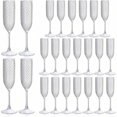 12/8/6/4/3/2/1pcs Set Transparent Champagne Glasses, Unbreakable Champagne Flutes With Gypsophila Design, 5.5oz Reusable Diamond Textured Wine Glasses, Vintage Drinkware For Wedding, Christmas, Beach, Pool, Party