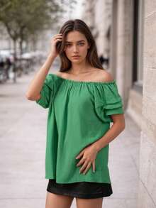 Camicetta da donna a balze con maniche a volant - Top con scollo a U e spalle scoperte - Maglietta estiva a maniche corte multistrato - Maglietta casual dalla vestibilità ampia - Verde - Visualizzare 4