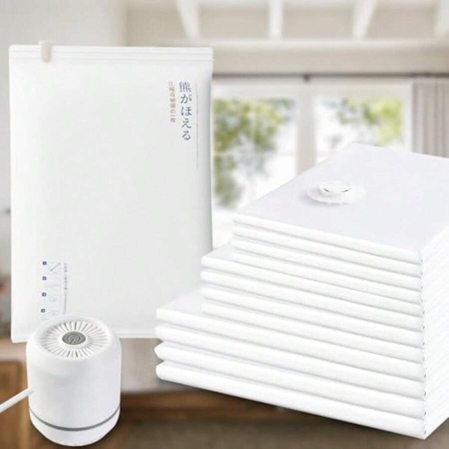 12pcs Bolsas de Vacío con 1 Bomba Eléctrica Bolsas de Almacenamiento al Vacío Reutilizables Ahorra Espacio Gran Capacidad para Almacenar Ropa Almohada Edredón - Blanco - Ver 1