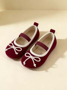 1 Pair Girls' Mary Jane Flat Shoes With Bow, Round Toe Elastic Band, Suitable For Daily Dresses - Burgundy - View 5