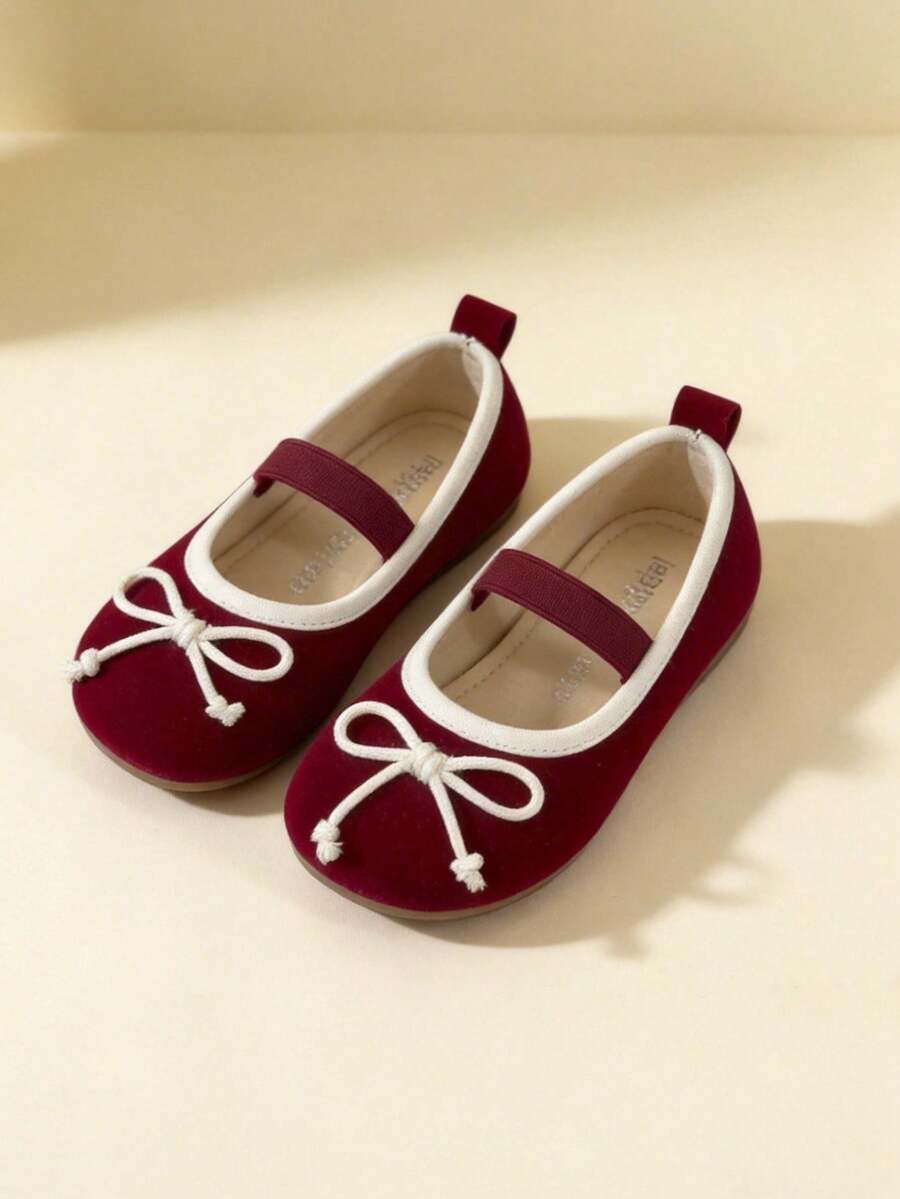 1 Pair Girls' Mary Jane Flat Shoes With Bow, Round Toe Elastic Band, Suitable For Daily Dresses - Burgundy - View 1