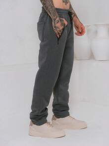 Men's Fleece Sweatpants / Zippered Pockets / Elastic Waistband - Dark Grey - View 2