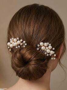 2件套迷你珍珠水晶发梳，优雅金色婚礼发夹，新娘伴娘花童小巧头饰 - 金色 - 查看 2
