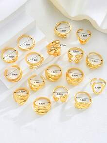 17pcs Fashionable Exaggerated Retro Punk Style 3D Heart, Star, Geometric Line, Ball Shaped Ring Set, Stackable Daily Wear Rings For Women (No Box) - Yellow Gold - View 6
