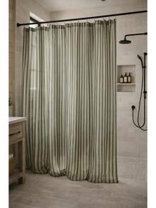 Green Stripes Shower Curtain, Modern Farmhouse Bathroom Decor, Japandi Minimalist Fabric Curtain, Elegant Neutral Stripe Design G7CS - A - View 4