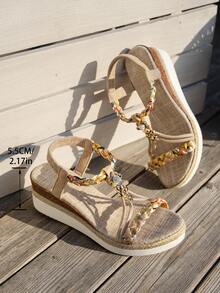 1双夏季青少年高跟凉鞋，简约厚底休闲舒适轻便日常、度假、沙滩坡跟凉鞋 - 金色 - 查看 6