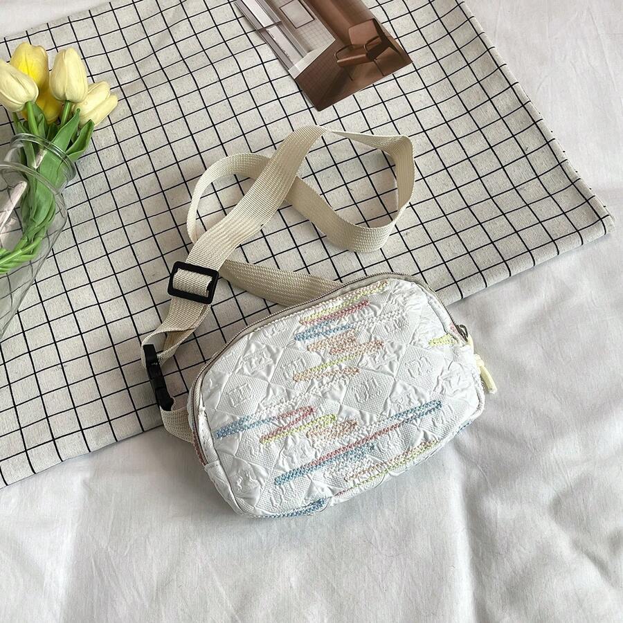 Niche Design White Embossed Waist Bag, 3D Embossed Rhombus Pattern Crossbody Bag, Elegant Casual Chest Bag - Multicolor - View 1