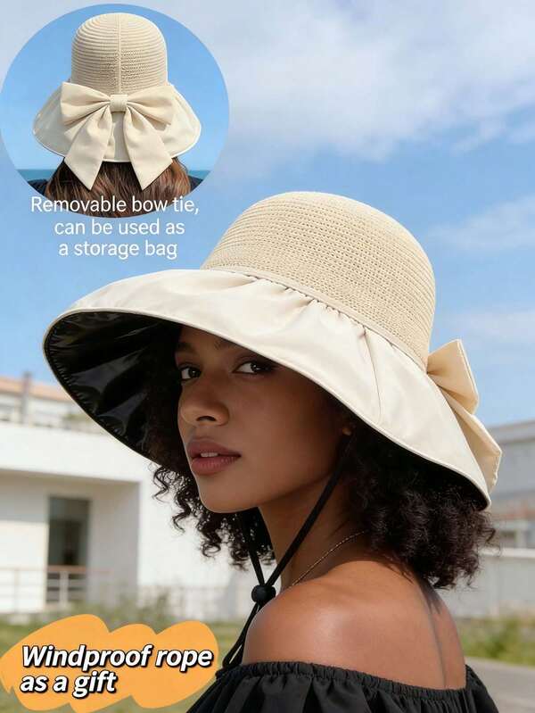  1pc Women's Straw Woven Wide Brim Bucket Hat, Summer UV Protection Sun Hat, Foldable Beach Cap For Vacation Sun Hat