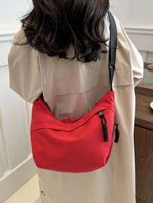 Fashionable Solid Color Nylon Waterproof Shoulder Bag, Casual Minimalist College Style, Wide Strap, Multiple Zipper Design, Suitable For Students, Shopping, Daily Use - Red - View 5