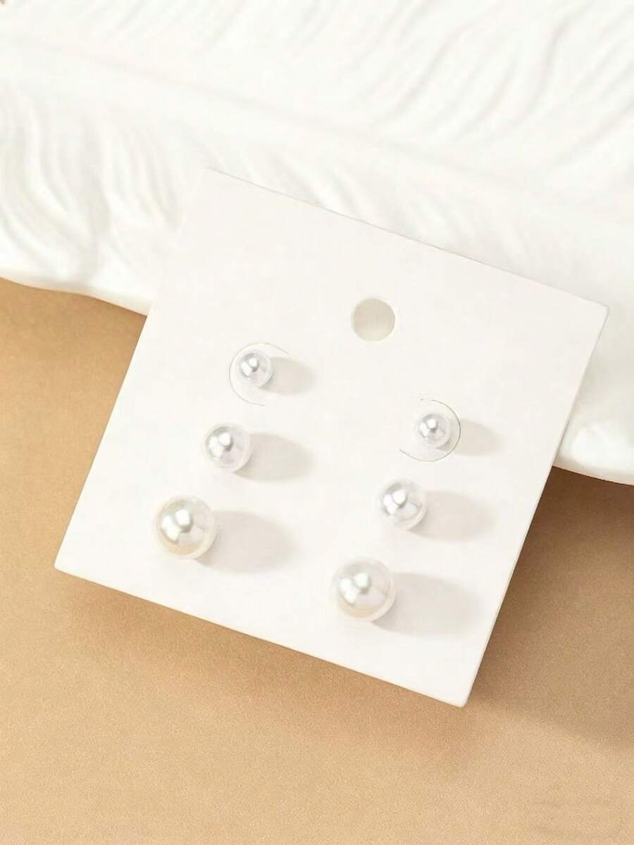 3 Pairs Fashion Double-Sided Elegant Pearl Stud Earrings, No Card - White - View 1