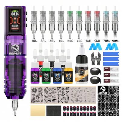 DQFART Wireless Tattoo Gun Kit, Tattoo Machine Set, Equipped With 1600mAh Power Supply, LED Digital Display, Complete Tattoo Pen Kit Including 10 Tattoo Needles, 7 Bottles (5ml) Of Tattoo Ink, 1 Bottle (15ml) Of Tattoo Transfer Paste, Patterned Tattoo Transfer Paper, And Various Tattoo Accessories. Suitable For Beginners And Tattoo Artists Alike.