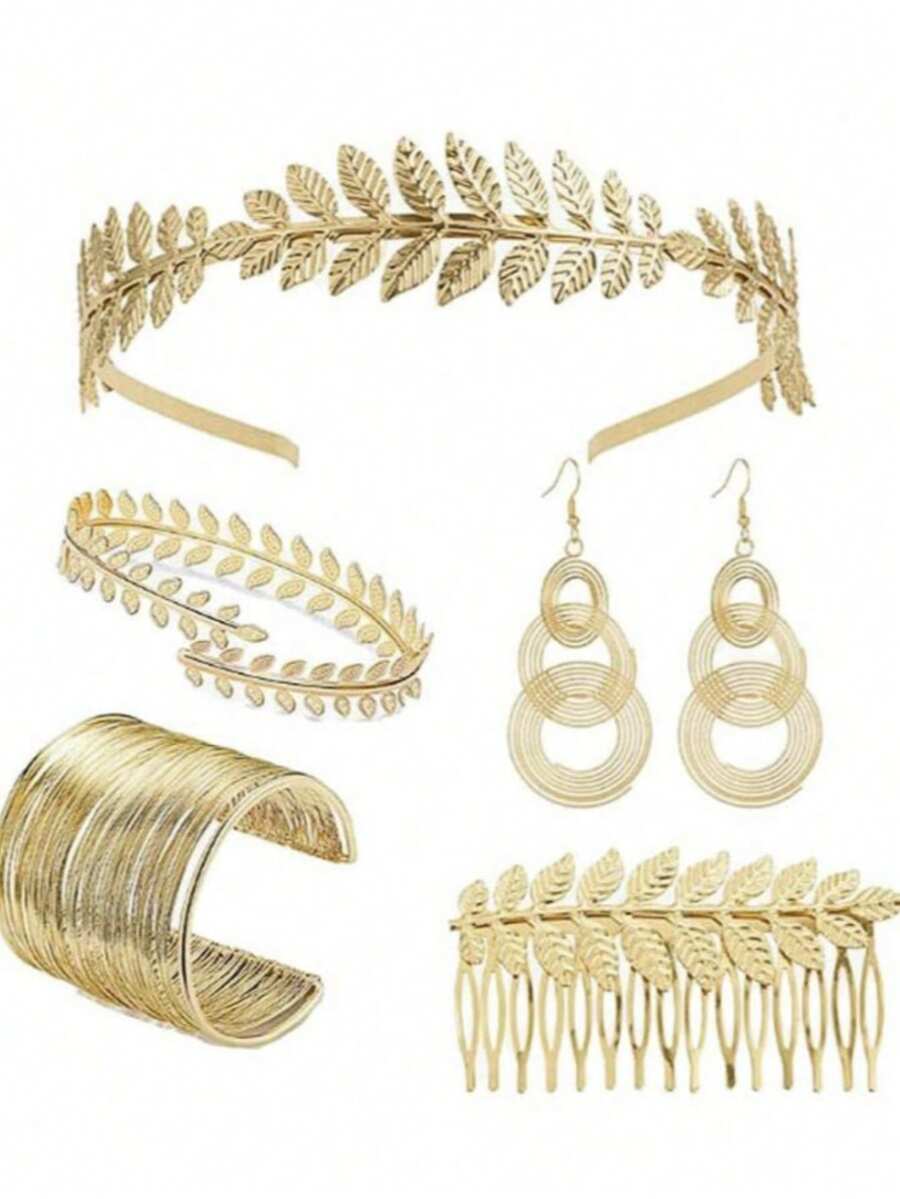 5pcs Greek Goddess Style Costume & Accessories Set, Including Leaf Crown, Headband, Bracelet, Earrings, Bridal Headpiece, Halloween Theme - Multicolor - View 1