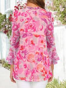 CheersLife Women's Fashion Double-Layer Mesh Blouse, 3/4 Ruffle Flare Sleeve Shirt - Watermelon Pink - View 5