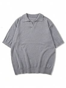 男女皆宜的休闲纯色V领短袖针织衫，适合春夏穿着，欧美韩风皆宜。 - 灰色 - 查看 6