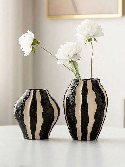 1pc Vertical Striped Vase, Black & White, Minimalist Modern Style, Mini Decor Suitable For Wedding, Party, Home, Desk, Office, Hotel, Living Room, Holiday Decor Gifts Birthday Graduation E-I-D Home Decor Back To School Room Decor School Supplies Christmas Decorations Christmas Flower Vase Glass Vase