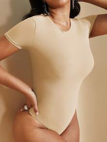 1件装女士束腰无缝黑色圆领短袖性感连体衣丁字裤 - 杏色 - 查看 5