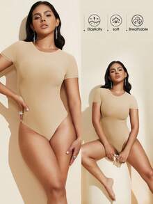 1件装女士束腰无缝黑色圆领短袖性感连体衣丁字裤 - 杏色 - 查看 1
