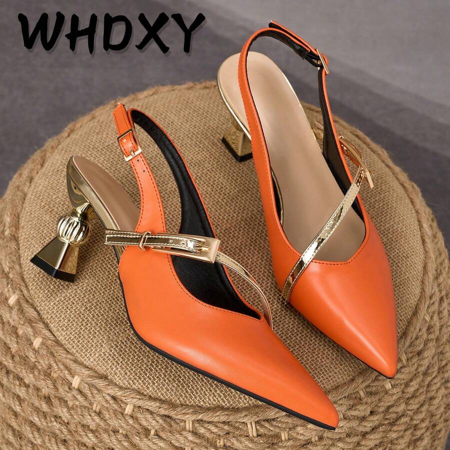 WHDXY Sepatu Hak Tinggi Tanpa Bagian Belakang Bergaya Retro Prancis Warna Oranye, Hak Asimetris Bergaris Bertekstur, Sepatu Pesta & Kencan yang Elegan - Burnt Orange - View 1