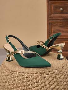 WHDXY Elegant Emerald Green Pointed Toe Heels, Metal Decor Asymmetric Heel, Suitable For Work, Commute, And Evening Occasions - Green - View 6