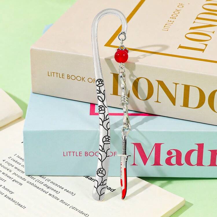 1/4 piezas Juego de marcadores de libros vintage con encantos de herramientas metálicas - Diseño retro de sierra/hacha/cuchillo/cuchillo con cuentas rojas, regalo de marcador de lectura gótico - SQ1827 - Añade 6