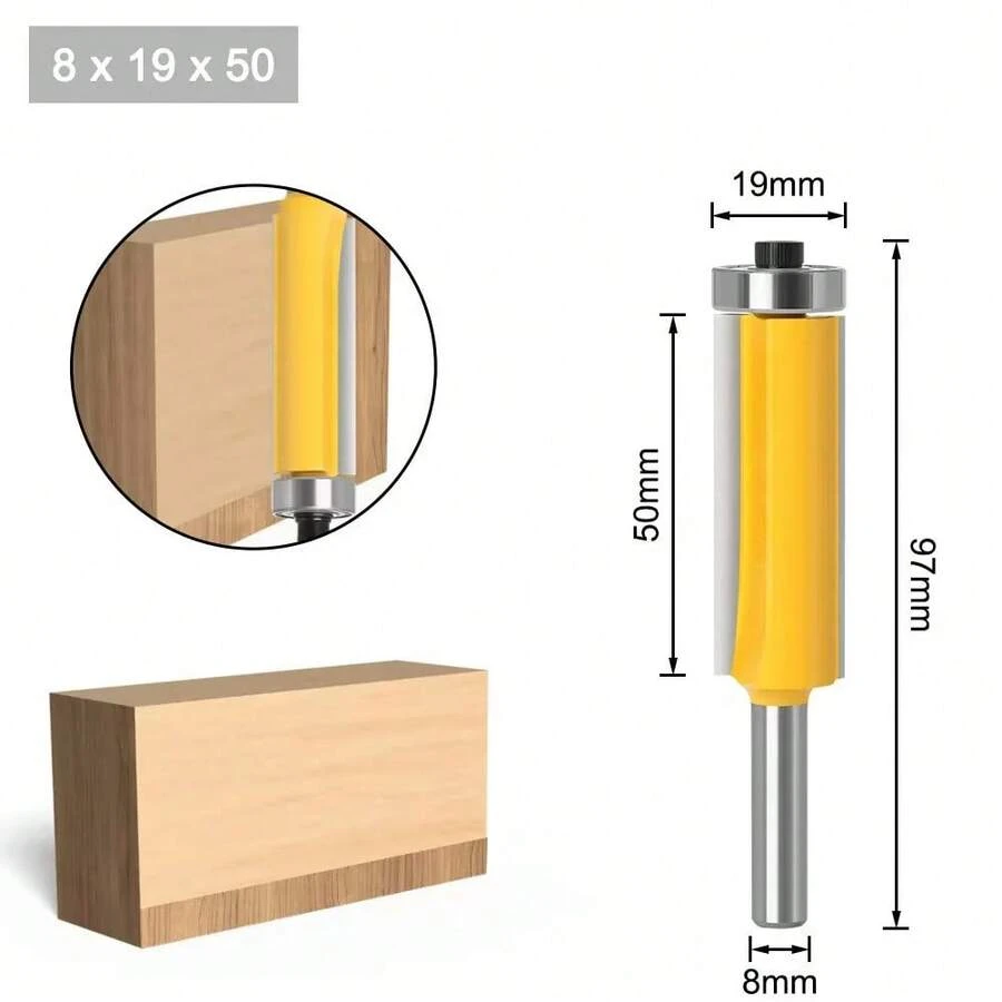 1/4" Shank 8mm Long Blade Flush Fit Router Bit With Bearing For Wood Template Pattern Bit T6TT Tungsten Carbide Router Bit - 8x19x50 - 查看 1
