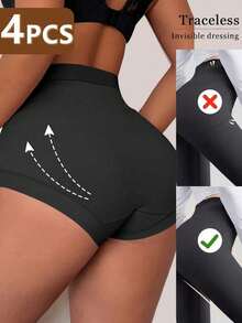 4pcs Women's Solid Color High Waist Shaping Shorts, Comfortable Seamless Ladies Underwear - Multicolor - View 4