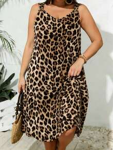 Plus Size Leopard Print Loose V-Neck Midi Dress, Flattering Sleeveless Vacation Style For Women Elegant Summer - Brown - View 1