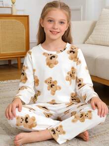 2pcs Tween Girl Pajama Set, Cute Bear Cartoon Pattern, Round Neck Long Sleeve Top And Pants, Flame Retardant Knit Fabric, Can Be Worn Outerwear, Suitable For All Seasons, Unisex For Boys And Girls - White - View 5